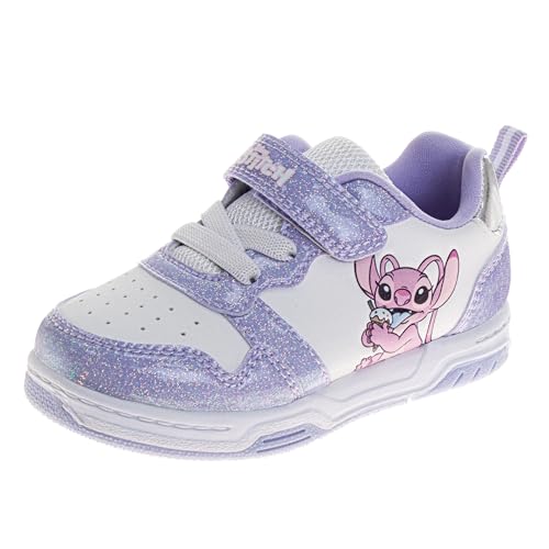 Disney Girls Lilo & Stitch Angel Sneakers Sparkly Casual Athletic Shoes with Strap Cute Character Tennis Shoes- White Purple Size 9 Toddler