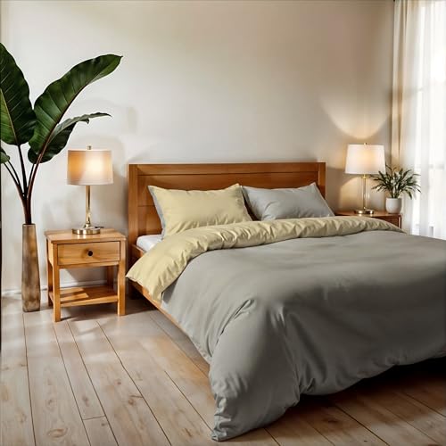 Funda nórdica matrimonial, Lisa Reversible (Double Face), colección Vera, con Funda nórdica 250×200 cm con Tapeta 20+50 cm + Pareja de Fundas de Almohada 50×80 cm Gris Claro/Crema