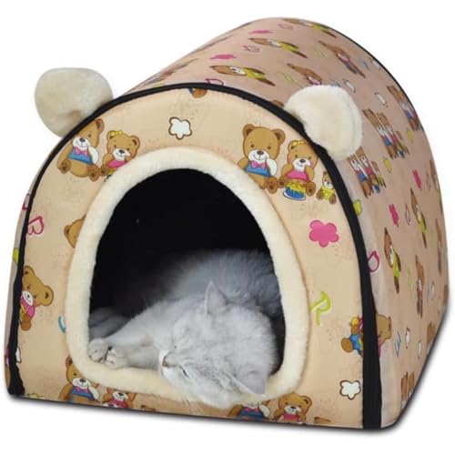 Diggly ペットベッド ドーム型 ペットハウス 犬猫用 室内用 オールシーズン ふわふわ クッション付き 犬小屋 屋根付き 猫 テント おしゃれ 洗える 折りたたみ可 寝床 冷暖房 ホットカーペット対応 ペット用品 小型犬/猫用 (カーキ,60*48*