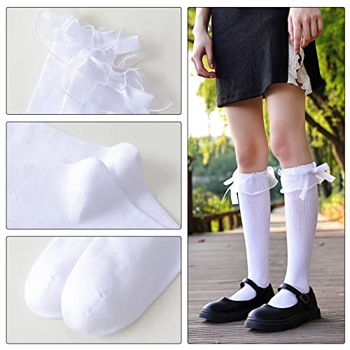 SEMOHOLLI Women Girl's Fashion Knee High Socks With Bow Lace Ruffle Trim Cute Cotton Socks4
