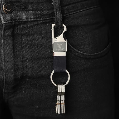 Image of Heavy Duty Metal Carabiner Keychain with Leather Strap for Men & Women | Premium Belt Clip Key Holder | Secure Spring Lock Key Ring for Car, Bike & Office Keys