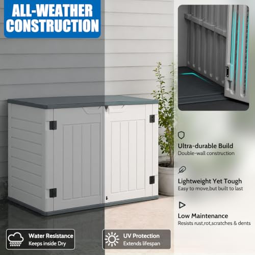 Image of EHHLY 35 Cuft Outdoor Storage Shed with 2 Shelves, Outside Storage Cabinet Waterproof with 2 Doors, Large Capacity Horizontal Garden Tool Sheds for Bike, Trash, Lawn Mower and Tools