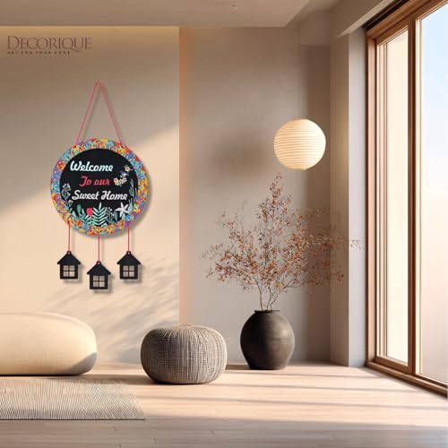 Image of DECORIQUE Welcome Wall Hanging for Home Decor Handmade Pastel Multi Feather Craft for Bedroom Living Room Balcony, Garden, Cafe and Office Decoration Decorative Wall Art for Gifts