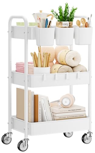 Image of YASONIC Metal 3 Tier Rolling Cart - Heavy Duty Utility Cart with Lockable Wheels, Hanging Cups, Hooks, Mesh Rolling Storage Cart Craft Cart Organizer, Lightweight and Sturdy, White