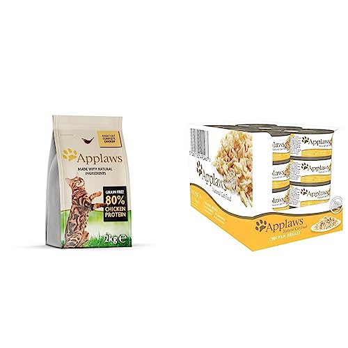 Applaws Vollständig natürlich getreidefrei Huhn-GeschmackKatzentrockenfutter für ausgewachsene Katzen - 2kg wiederverschließbarer Beutel & Premium Natural Katzenfutter Nass, Huhn in Brühe 70g Dose