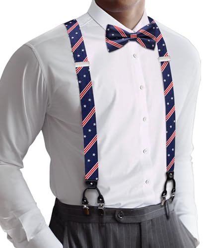 Image of YOHOWA Men Suspenders 6 Clips Strength Adjustable Y Braces Pre-Tied Bow Tie Set Formal Wedding Party