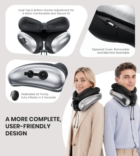 Image of Neck Pillow, Upgraded Adjustable Travel Neck Pillow for Airplane - Patented Inflatable Design with Memory Foam for 360 Ergonomic Head & Neck Support (Gray-M)