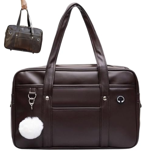 japanese school bag portable large capacity pu leather japanese bag zipper school handbag with headphone cable hole for girls brown