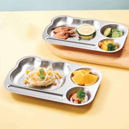Image of Basil Stainless Steel Plate for Kids - Kids Plates for Food with 3 Compartments - Dinner Plates for Baby - Unbreakable Dinner Plates - Ideal for Birthday, Return Gifting - Funky Dinner Tiger Plate