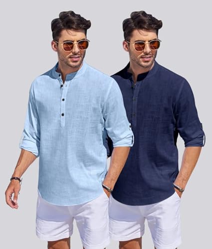 Image of Men's Cotton Blend Straight Kurta Shirt Combo with Mandarin Collar - Slim Fit Casual Short Kurti Set Featuring Textured Slub Fabric and Roll-Up Full Sleeves