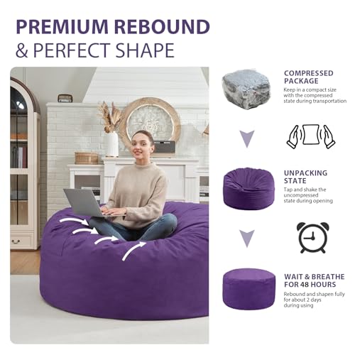 3FT Bean Bag Chair, Comfy Bean Bag Chairs with Memory Foam Filled, Fluffy Beanbag Sofa with Dutch Velvet Cover, Round BeanBag Chairs for Living Room, Playroom - Purple