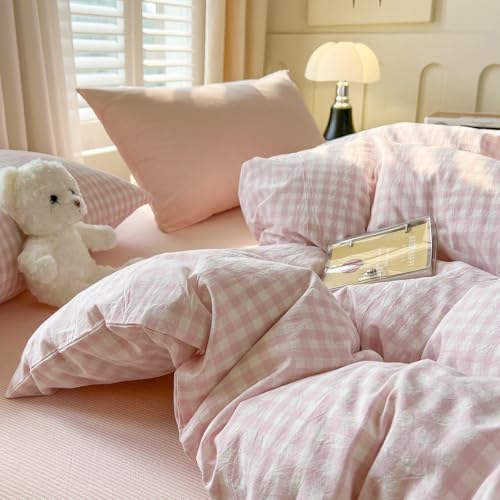 Image of VM VOUGEMARKET Pink Gingham Duvet Cover Set Queen,90 inchx90 inch