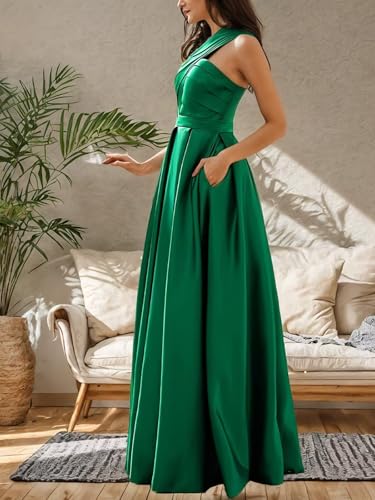 Womens Satin One Shoulder Prom Dress with Pockets Elegant Long Evening Dress for Women A Line Wedding Guest Dress4