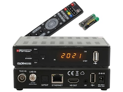 RED OPTICUM Sloth Combo Plus Mini I DVB-C DVB-T2 & DVB-S2 Receiver mit Aufnahmefunktion PVR I Kombi-Receiver HD mit LED Display - HDMI - S/PDIF - Ethernet - USB - IR Sensor - 12V Netzteil