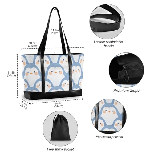 KLL Delicate Cartoon Penguin Light Blue professional 14inch laptop tote bag with zipper work tote bags Large Handbag for Travel Essentials Beach Gifts Birthday Gifts for Women with4