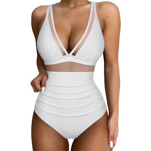 Traje de baño para mujer, traje de baño de bikini para mujer, traje de baño sólido ajustado colección bañadores bañadores, I-819 Blanco, XXL