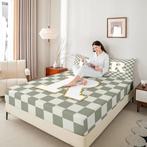 Image of Erosebridal Sage Green Checkered Bedding Set King Plaid Initial R Bed Sheets Personalized Monogram Sheet Set Kids Boys Girls,Fashion Grids Gingham Fitted Top Sheets 4 Piece