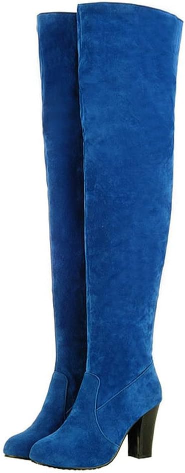KOKOMOMO Womens Faux Suede Thigh High Heeled Round Toe Chunky Over The Knee Boots