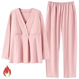 [Kyonuza] マタニティ パジャマ 冬 厚手 長袖 ドラロン生地 前開き ルームウェア 簡潔風 肌に優しい かわいい 長袖 部屋着 パッド付き 吸汗通気 大きいサイズ 寝間着 お泊まり服 ゆったり 女性 産前 産後 L 3942^ピンク【厚手】