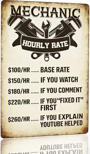 Vintage Garage Sign for Men – Funny Metal Tin Sign , Classic Car Garage Decor & Man Cave Wall Art, Retro Shop Sign, Vintage Metal Signs for Garage, 8 x 12 Inch Work Shop Accessories Mechanic Hourly Rate Metal Tin Sign