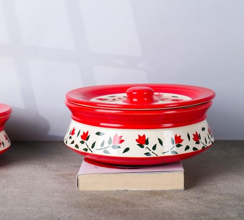 Image of Niyara Premium Ceramic Casserole /Donga Set with Lids - Handcrafted Serving Bowls for Hot Food, Microwave & Dishwasher Safe - Set of 3, Sizes: 1000ML, 650ML, 550ML (Red leaf design)