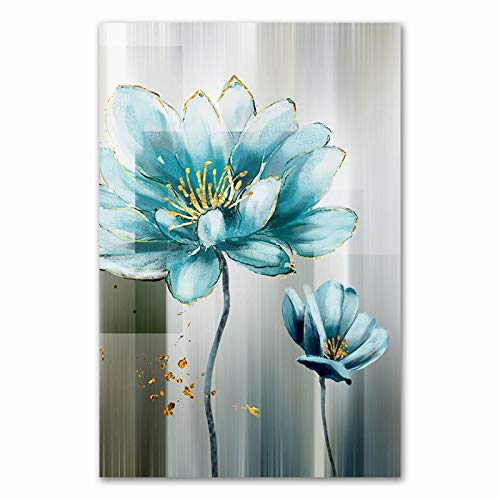 Abstracte Blauwe Bloem Canvas Schilderij Moderne babyblauw Wall Art Foto voor Woonkamer Goud Print Salon Decoraties… - Image 5