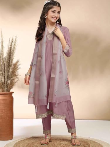 Image of Girls A-line Silk Embroidered Kurta and Pant Set with Dupatta for festive wedding and casual wear
