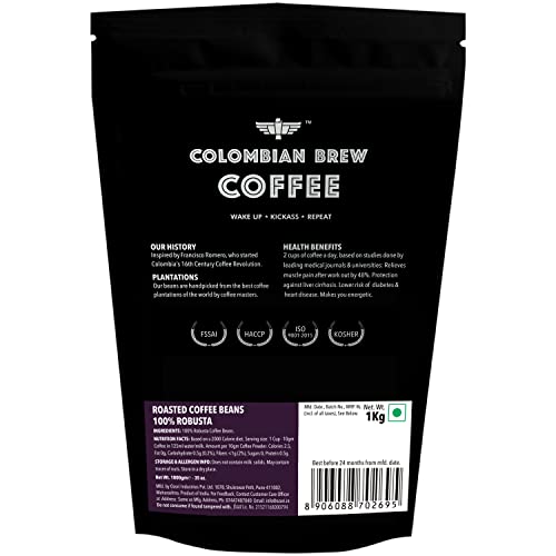 Image of Colombian Brew 100% Robusta Roasted Coffee Beans 1kg Pouch (Pack of 3)