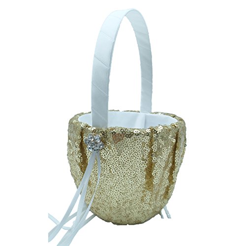 Abbie Home Sequin Glitter Wedding Guest Book + Sign Pen + Pen Stand Rhinestone Décor Wedding Party Favor (Gold Basket)