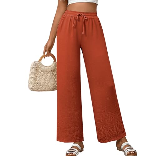 WOWULOVELY Womens Wide Leg Palazzo Pants Flowy Elastic Waist Tie Pant Casual Loose Solid Trousers3