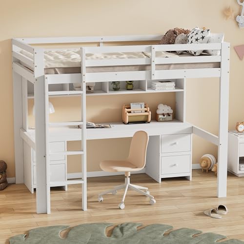 Generisch Robustes Hochbett 90x200cm mit Schreibtisch & XXL-Stauraum | Höhenverstellbares Sicherheitsgeländer | Stabile Treppe | Kiefernholz-Massivkonstruktion | Ideal für Kinderzimmer & kleine Räume