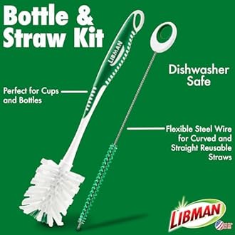 Libman Bottle & Dish Brush Kit | Cleaning Brushes for Kitchen Use | Straw Brush | Scrub Brushes for Dishes | Big Job Kitchen Brush | Palm Scrub Brush | 3 Different Brushes & Straw Cleaner Included