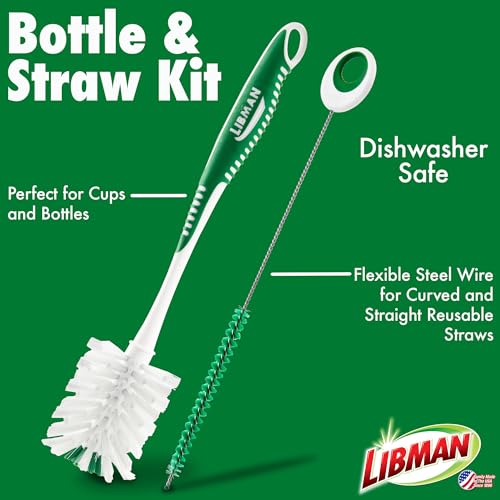Libman Bottle & Dish Brush Kit | Cleaning Brushes for Kitchen Use | Straw Brush | Scrub Brushes for Dishes | Big Job Kitchen Brush | Palm Scrub Brush | 3 Different Brushes & Straw Cleaner Included