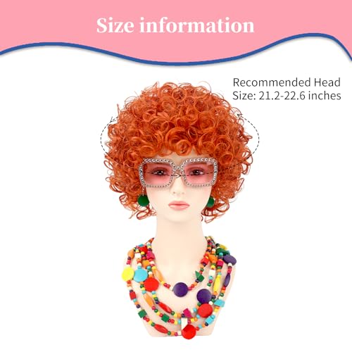 Image of Women Roper Curly Orange Red Cosplay Wig with Necklace Earrings and Sunglasses for Women Hallween Costume Wig