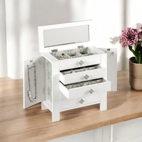 Alveare Home: Emma Elegant Jewelry Organizer | 4-Drawer Wood Chest with Necklace Hooks & 2 Doors | Stylish Dresser-Top Storage Box for Accessories, White by Alveare Home - Image 2
