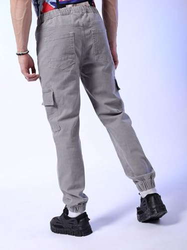 Image of The Indian Garage Co Men Regular Fit Solid Mid-Rise Stretchable Denim Cargo Joggers