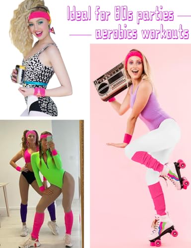 v28 Neon Leg Warmers Set for women Headband Sweatbands Wristbands 80s 90s Pink Running Fanny 80’s Plus Size Costumes Pack 6