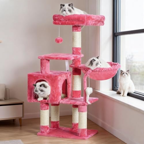 Heybly Cat Tree with Toy, Cat Tower Condo for Indoor Cats, Cat House with Padded Plush Perch, Cozy Hammock and Sisal Scratching Posts, Flamingos HCT004SF
