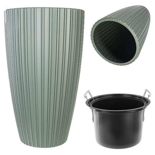 KADAX Runder Blumentopf, Dekorativer Blumenübertopf mit Inneneinsatz, Übertopf aus Kunststoff, Pflanztopf für Innen und Außenbereich (Grün)