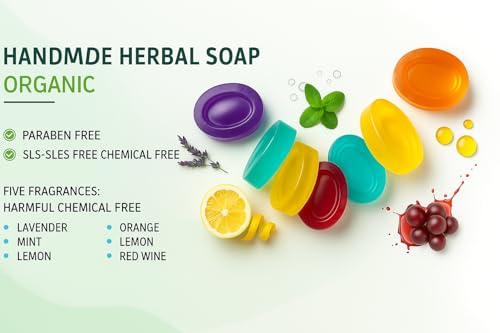 Image of PM Herbal Natural Glycerine Soap | Paraben Free SLS /SLES Free Handmade Herbal Bathing Bars with Coconut Oil, Vitamin E & Essential Oils for Glowing, Moisturized Skin 5 Fragrance (Orange (Pack Of 5))
