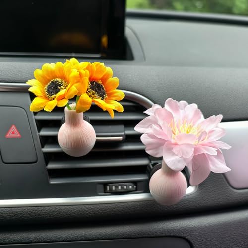 Image of Set of 4 Cute Flower Bouquet Car Air Freshener Vent Clips, Mini Artificial Flowers for Car Air Vent Decoration, Auto Interior Dashboard Ornament Accessories (Sunflower)