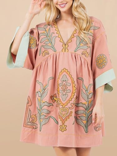 Image of Joiemont Womens Oversized Embroidered Dress with V-Neck and 3 /4 Sleeves Vintage Embroidery Babydoll Dress