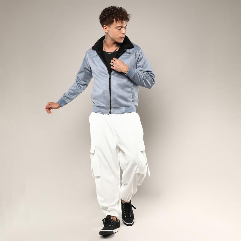 Image of Campus Sutra Men's Grey Zip-Front Jacket With Fleece Detail For Casual Wear | High Neck | Long Sleeve | Zipper Closure | Suede Jacket Crafted With Comfort Fit For Everyday Wear