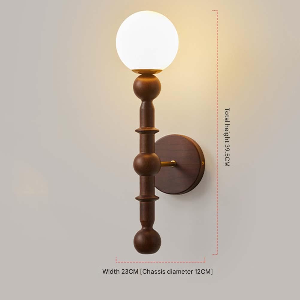 AoLa Holz Wandleuchte E27 Vintage Wandlampe Innen mit Kugel Glas Lampenschirm Nachttischlampe Rund Holz Gestell Retro Industriell Deko Lampe für Schlafzimmer Wohnzimmer Flur Treppe