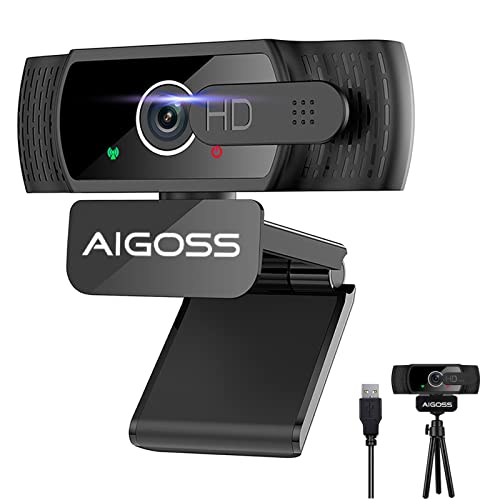 Aigoss Webcam con Micrófono para PC,1080P USB Cámara Web con Cover Y Trípode, Compatible con Windows, Mac y Android para...