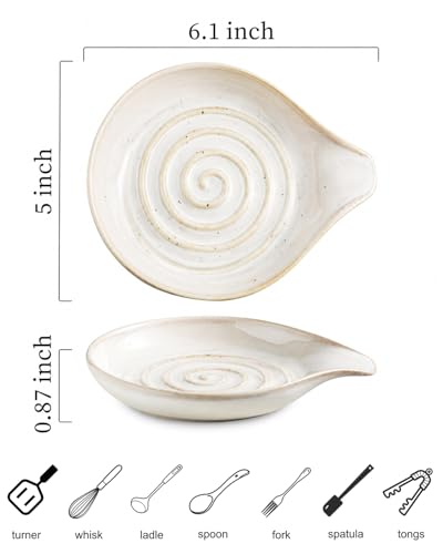 Image of LAUCHUH Spoon Rest, 5 inches Large Ceramic Spoon Rest for Stove Top Cooking Spoon Holder for Kitchen Counter Spatula Holder for Tongs, Ladle, Fork, Heat-Resistant, Beige with Speckled