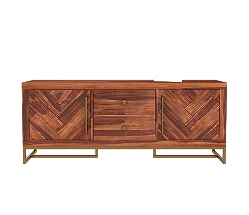 Image of Premium Solid Sheesham Wood TV Unit with 2 Drawers, 4 Shelves, and 2-Door Storage - Accommodates up to 55-Inch TV - Ideal for Living Room (Zane, Honey Finish)