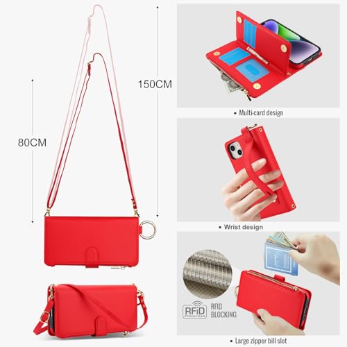 Asuwish Phone Case for iPhone 14 6.1 inch Zipper Wallet with Tempered Glass Screen Protector Crossbody Strap Card Holder Stand Flip Cell Cover iPhone14 5G i i-Phone i14 14Case Women Girls Red by Asuwish - Image 4