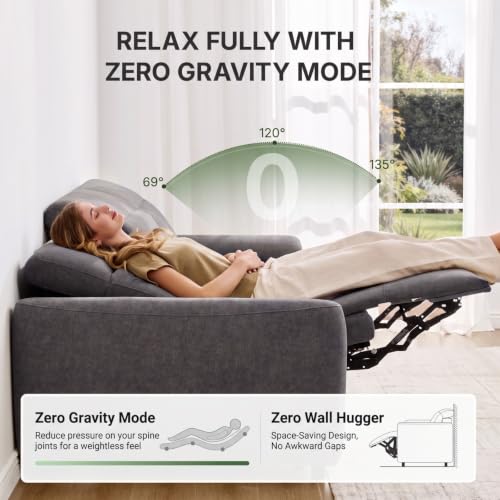 Image of Marsail 95 inch Power Recliner Sofa, Zero Gravity Reclining Sofa with Charging Ports, Adjustable Headrest, 3-Seater Modern Zero Wall Hugger Reclining Couches for Living Room, Pet-Friendly Fabric, Gray