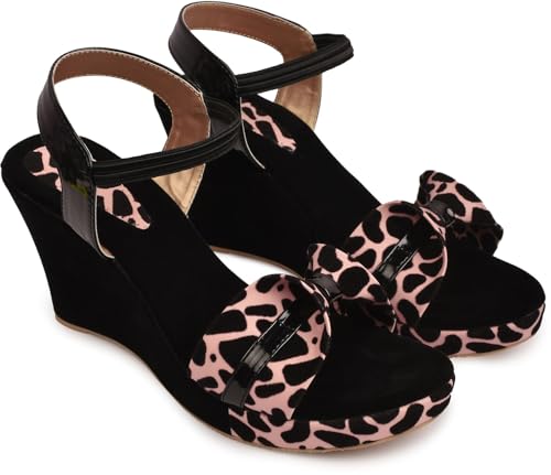 Image of Action Women's Platform Stiletto Sandals| Suede with Animal Print Bow| Heel| Open Toe| Black